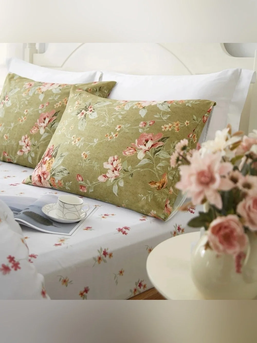 NEW Anthro Green Boho Queen / King Size Reversible Floral Bedding Duvet Sham Set